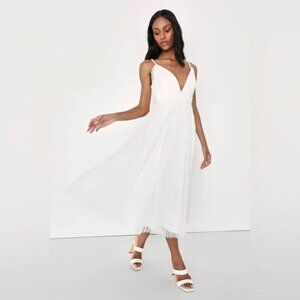 NWT Lulus Sweet Goddess White Mesh Pleated Sleeveless Midi Dress